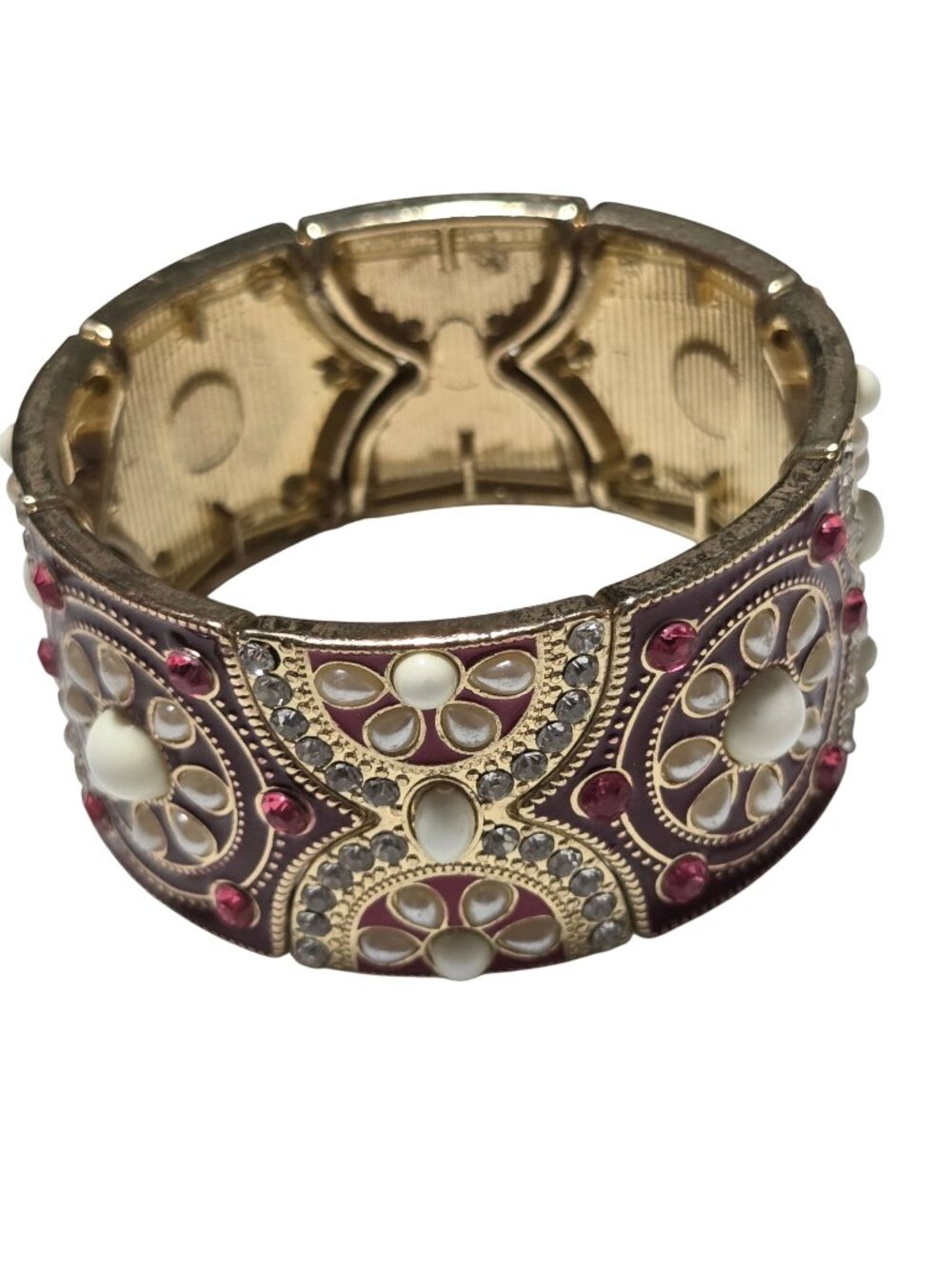 Vintage Enamel Rhinestone Stretch Bracelet Red White Floral Accents Jewelry